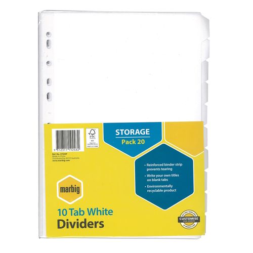 Marbig Indices & Dividers 10 Tab Manilla A4 White Bulk 20 Sets