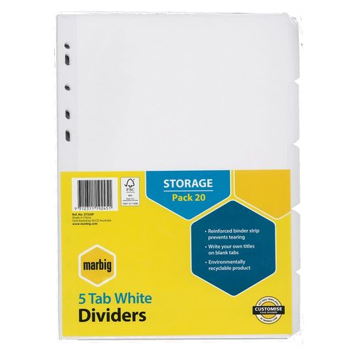 Marbig Indices & Dividers 5 Tab Manilla A4 White Bulk 20 Sets