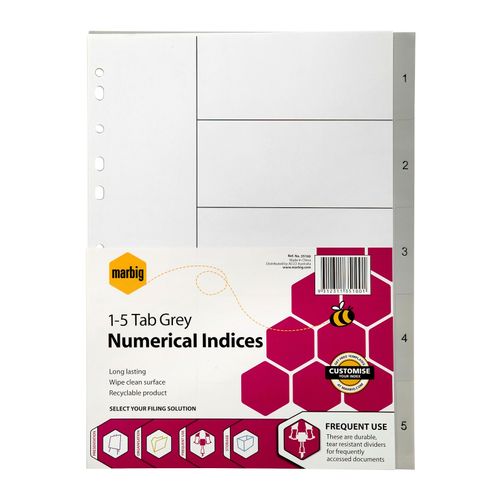 Marbig Indices & Dividers 1-5 Tab PP A4 Grey