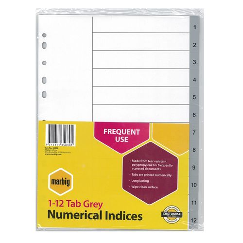 Marbig Indices & Dividers 1-12 Tab PP A4 Grey