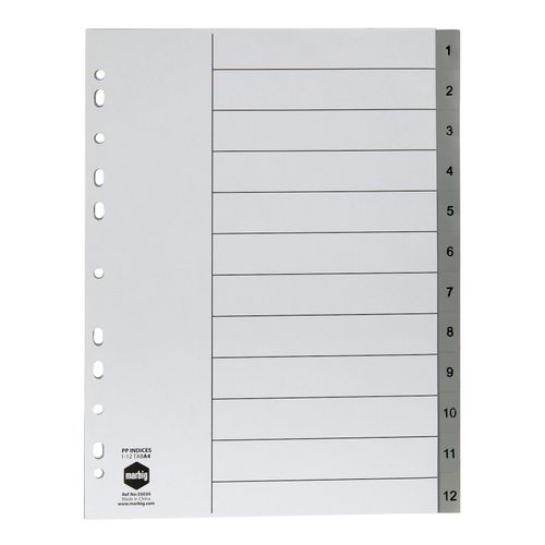 Marbig Indices & Dividers 1-12 Tab PP A4 Grey