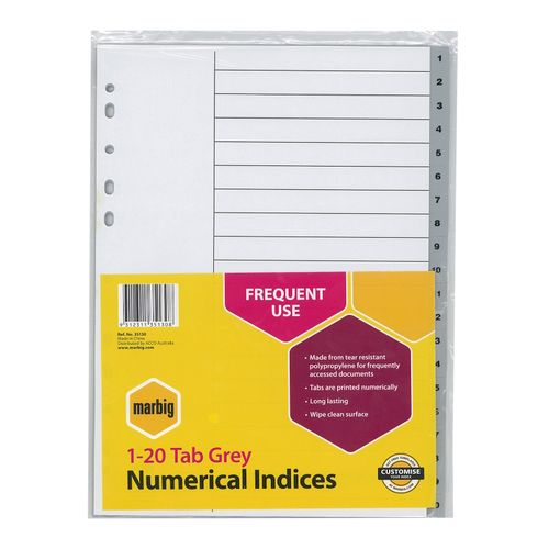 Marbig Indices & Dividers 1-20 Tab PP A4 Grey