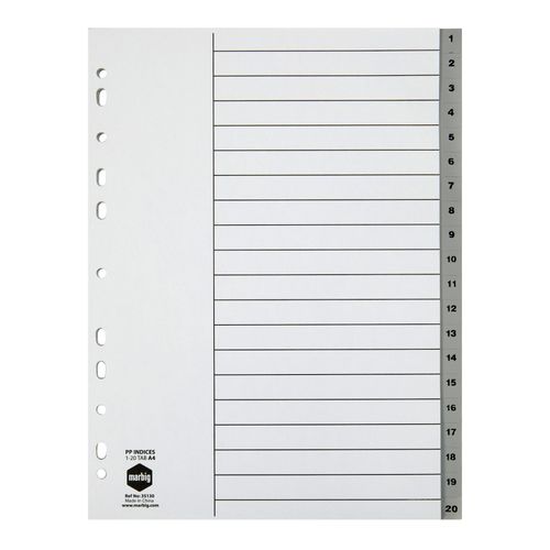 Marbig Indices & Dividers 1-20 Tab PP A4 Grey
