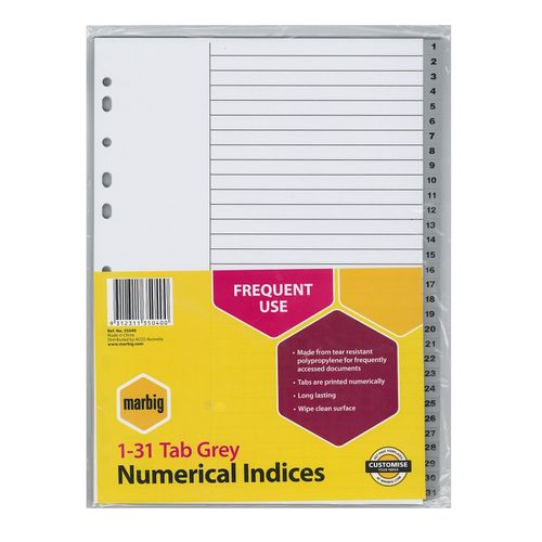Marbig Indices & Dividers 1-31 Tab PP A4 Grey
