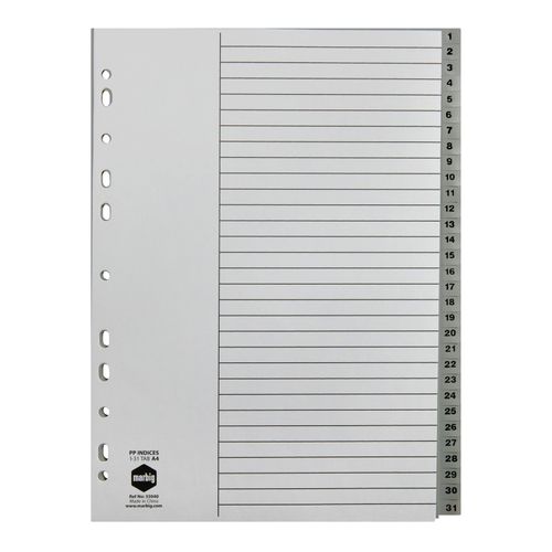 Marbig Indices & Dividers 1-31 Tab PP A4 Grey