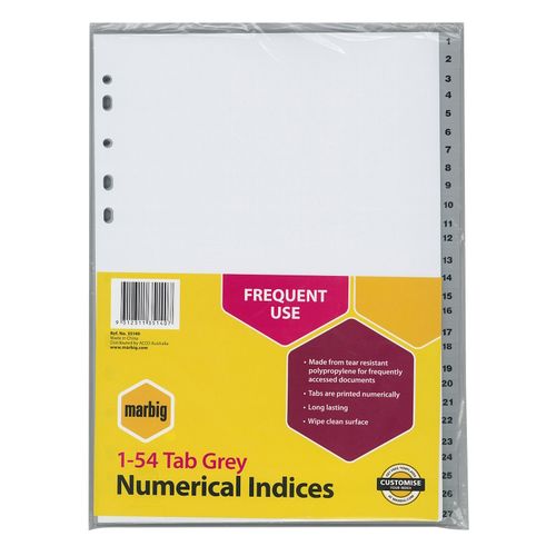 Marbig Indices & Dividers 1-54 Tab PP A4 Grey