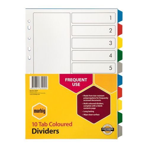 Marbig Indices & Dividers 10 Tab PP A4 Multi Colour