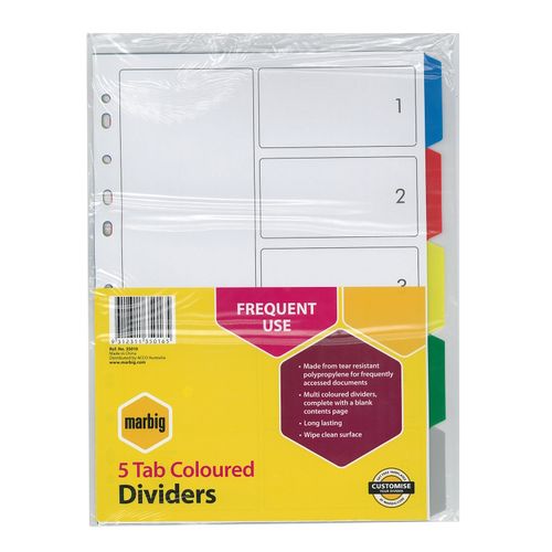 Marbig Indices & Dividers 5 Tab PP A4 Multi Colour