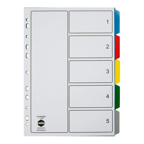 Marbig Indices & Dividers 5 Tab PP A4 Multi Colour