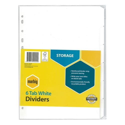 Marbig Indices & Dividers 6 Tab Manilla A4 White