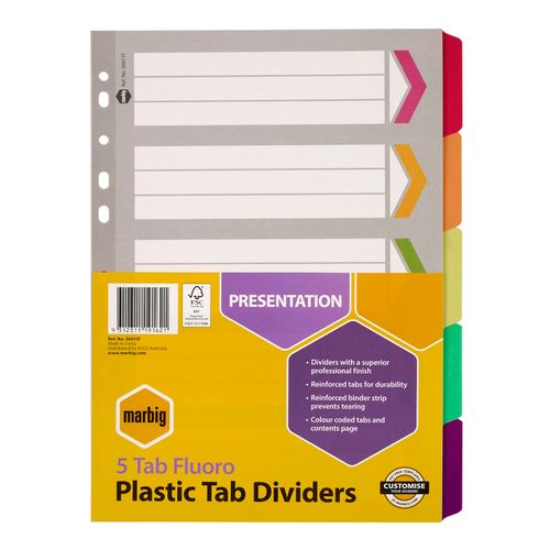 Marbig Indices & Dividers 5 Tab Reinforced A4 Fluoro