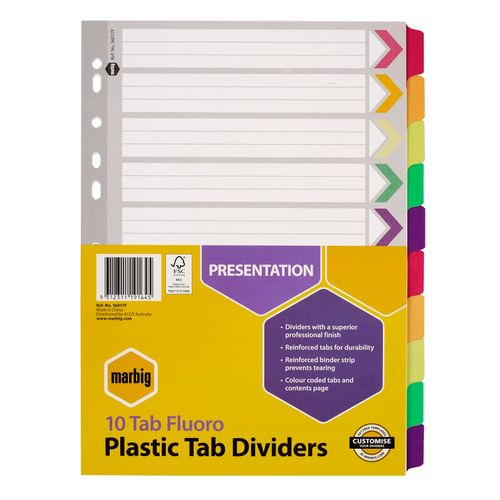 Marbig Indices & Dividers 10 Tab Reinforced A4 Fluoro