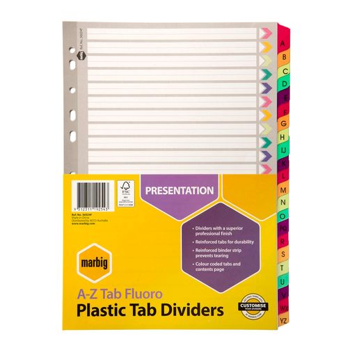 Marbig Indices & Dividers A-Z Tab Reinforced A4 Fluoro