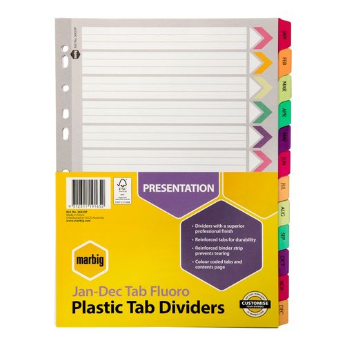 Marbig Indices & Dividers Jan-Dec Tab Reinforced A4 Fluoro