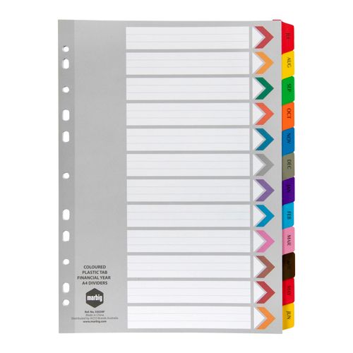 Marbig Indices & Dividers Financial Year Tab Reinforced A4 Colour
