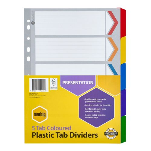 Marbig Indices & Dividers 5 Tab Reinforced A4 Colour