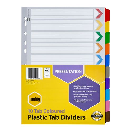 Marbig Indices & Dividers 10 Tab Reinforced A4 Colour