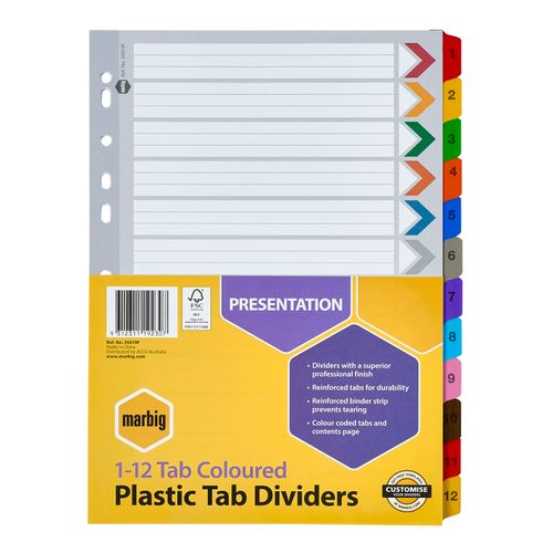 Marbig Indices & Dividers 1-12 Tab Reinforced A4 Colour
