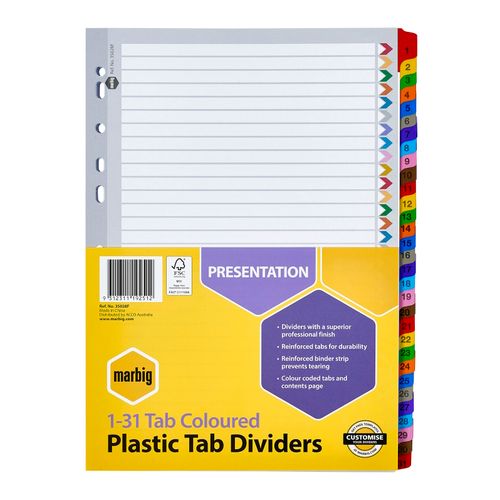 Marbig Indices & Dividers 1-31 Tab Reinforced A4 Colour