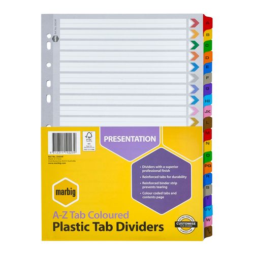 Marbig Indices & Dividers A-Z Tab Reinforced A4 Colour