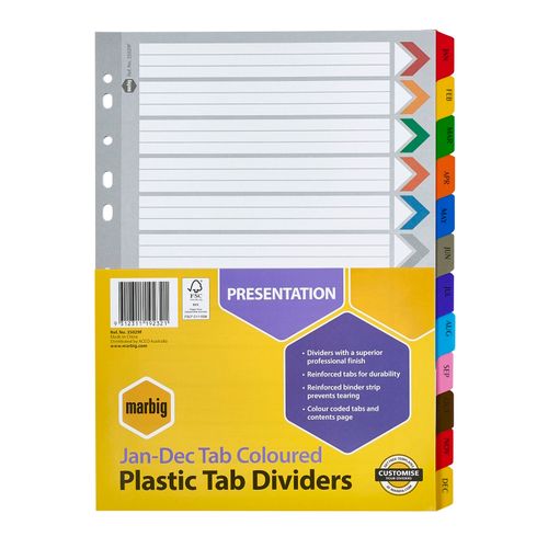 Marbig Indices & Dividers Jan-Dec Tab Reinforced A4 Colour