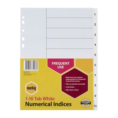 Marbig Indices & Dividers 1-10 Tab PP A4 White