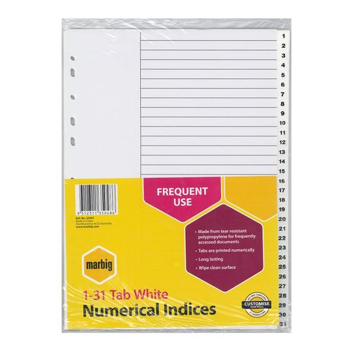 Marbig Indices & Dividers 1-31 Tab PP A4 White