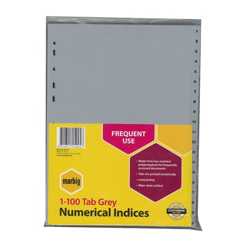 Marbig Indices & Dividers 1-100 Tab PP A4 Grey