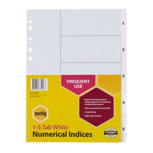 Marbig Indices & Dividers 1-5 Tab PP A4 White