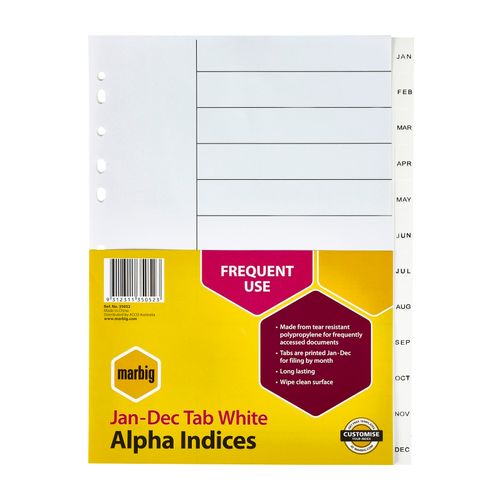 Marbig Indices & Dividers Jan-Dec Tab PP A4 White