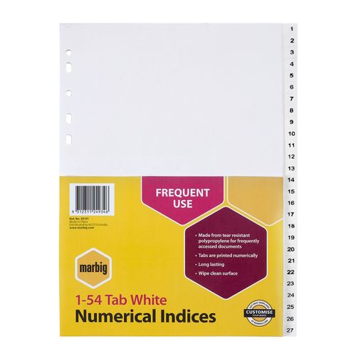 Marbig Indices & Dividers 1-54 Tab PP A4 White