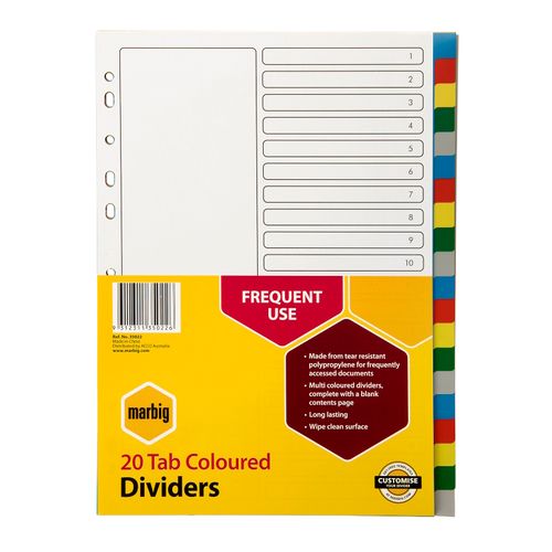 Marbig Indices & Dividers 20 Tab Pp A4 Multi Colour