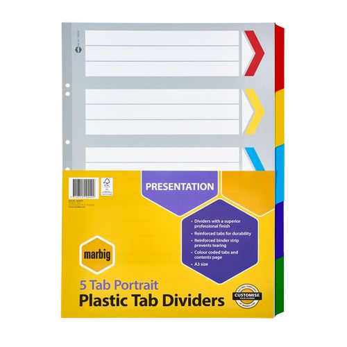 Marbig Indices & Dividers 5 Tab Reinforced A3 Portrait Colour