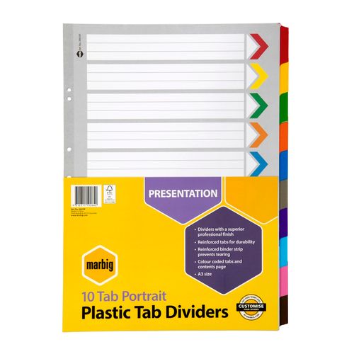 Marbig Indices & Dividers 10 Tab Reinforced A3 Portrait Colour