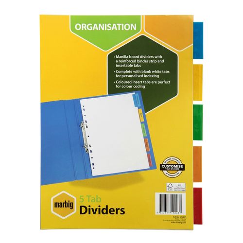 Marbig Indices & Dividers 5 Insert Tab Manilla A4 Colour