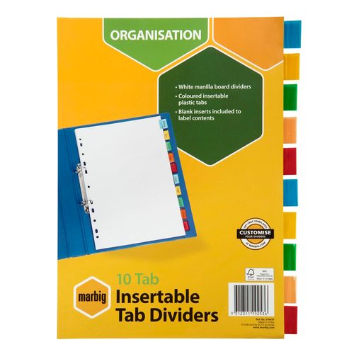 Marbig Indices & Dividers 10 Insert Manilla A4 White with Colour Tabs