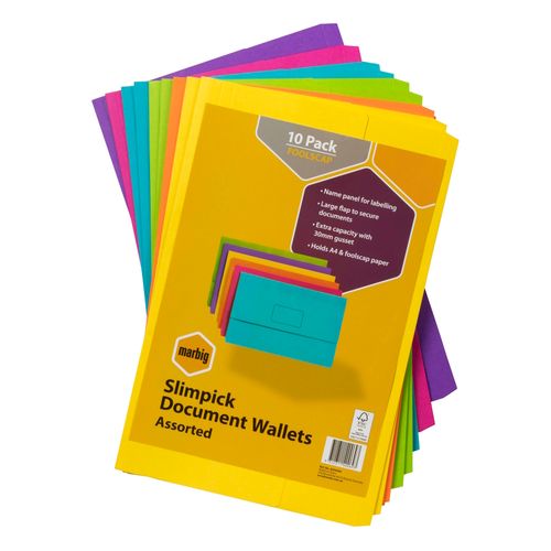Marbig Slimpick Foolscap Cardboard Document Wallet Bright Assorted Pack 10