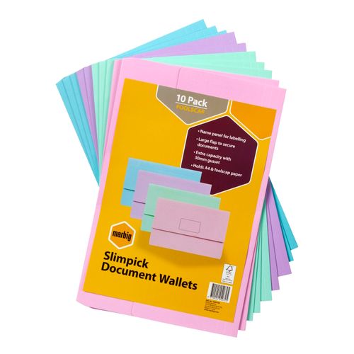 Marbig Slimpick Foolscap Cardboard Document Wallet Pastel Pack 10