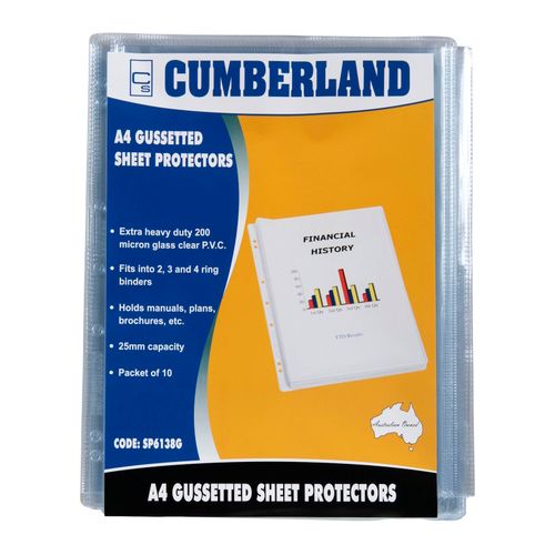 Cumberland Sheet Protectors A4 25mm Gusset 200 Micron Extra H/Duty Glass Clear Pvc Pack 10