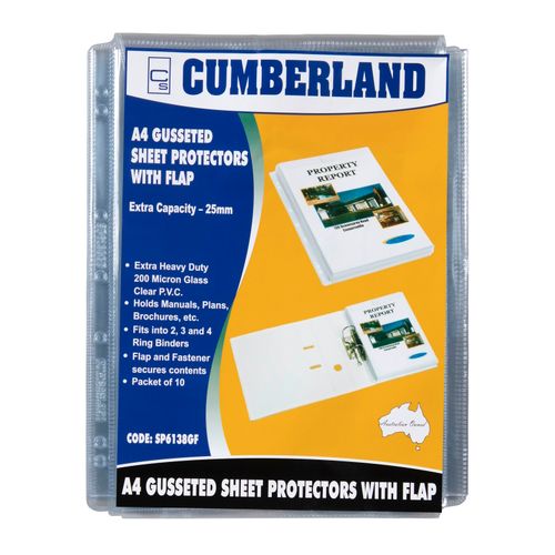 Cumberland Sheet Protectors A4 25mm Gusset & Flap 200 Mic Extra H/Duty Glass Clear Pvc Pack 10