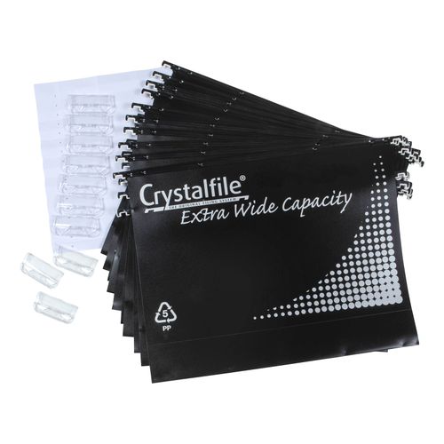 Crystalfile Extra Wide Suspension Files Foolscap Black Pack 10