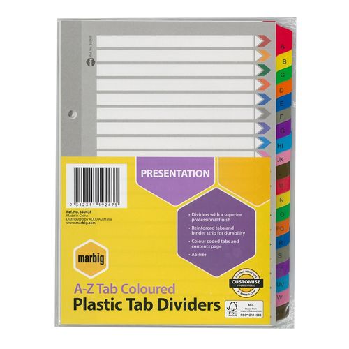 Marbig Indices & Dividers A-Z Tab Reinforced A5 Colour