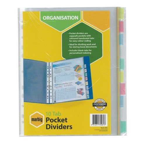 Marbig Divider Copysafe Pocket A4 10 Tab Colour