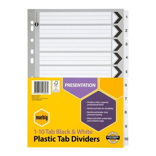 Marbig Indices & Dividers 1-10 Tab Reinforced A4 Black