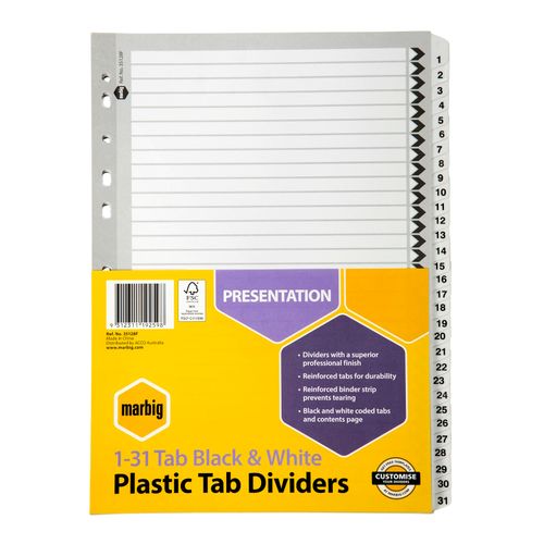 Marbig Indices & Dividers 1-31 Tab Reinforced A4 Black