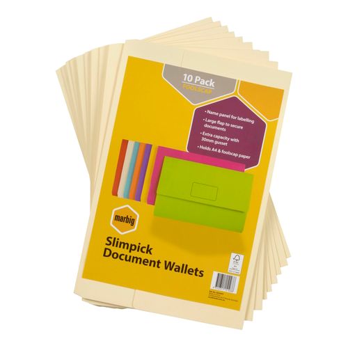 Marbig Slimpick Foolscap Cardboard Document Wallet Bright Buff Pack 10