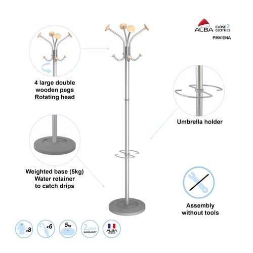 Alba Stily Coat Rack With Umbrella Stand 4 Hook Silver/Wood