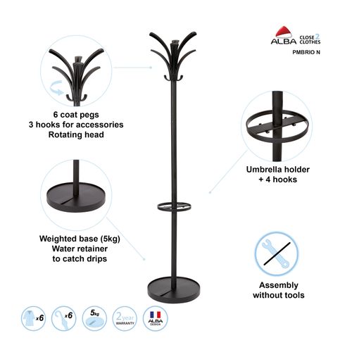 Alba Brio Coat Rack 6 Peg + 3 Hook + Umbrella Stand Black