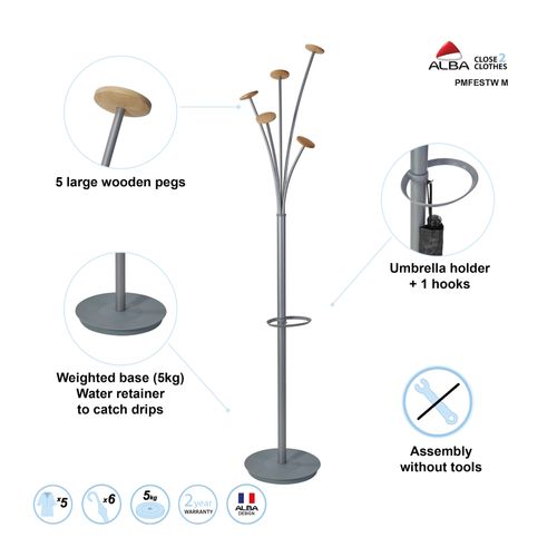 Alba Festival Coat Rack 5 Hook Silver/Wood