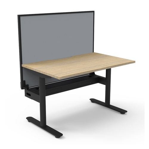 Halo Static Single Sided Workstation with Black/Grey Screen and Cable Tray 1200W Black Frame Natural Oak Scallop Top